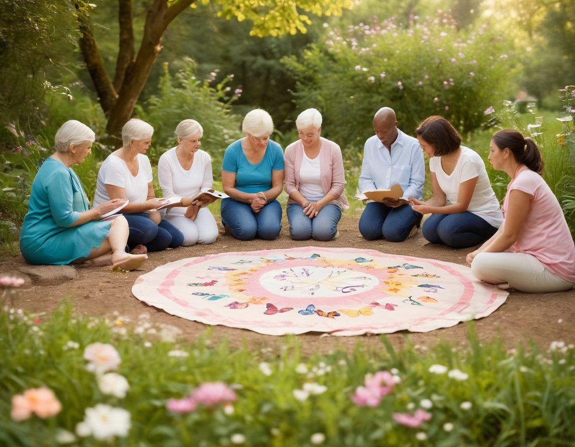 A serene and supportive environment featuring a diverse group of cancer patients and survivors engaging in a healing circle, surrounded by nature. Include symbols of hope such as butterflies and blooming flowers, along with resources like pamphlets and wellness tools scattered around. The atmosphere should convey warmth and community, emphasizing resilience and support. soft focus. warm colors. natural light.