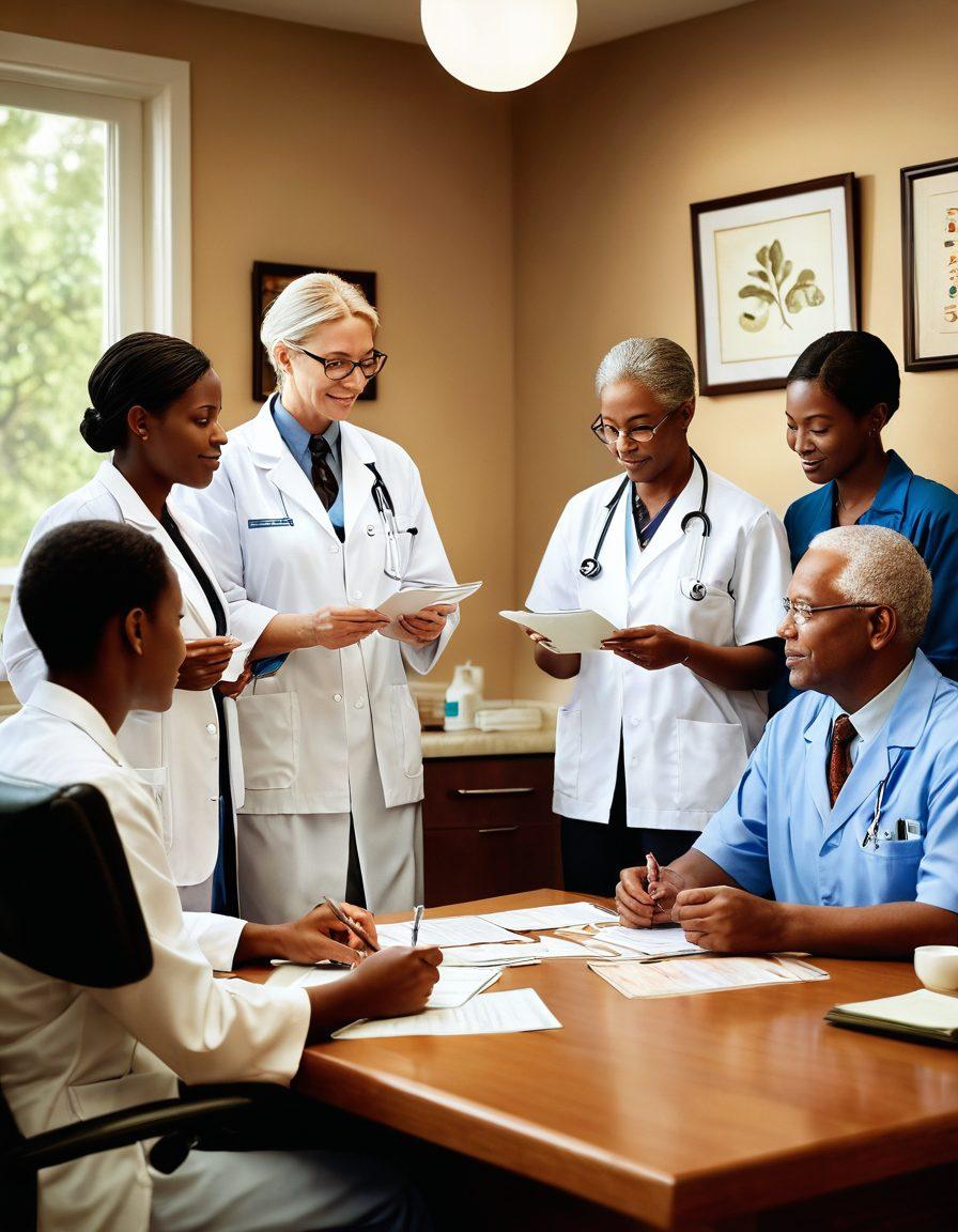 A compassionate healthcare scene depicting a diverse group of patients receiving support and guidance from friendly medical professionals. Include symbols of insurance and financial assistance, like dollar signs and health cards. Emphasize warmth and hope, with soft lighting and a comforting atmosphere. A blend of medical and financial themes woven together harmoniously. super-realistic. warm colors. soft lighting.