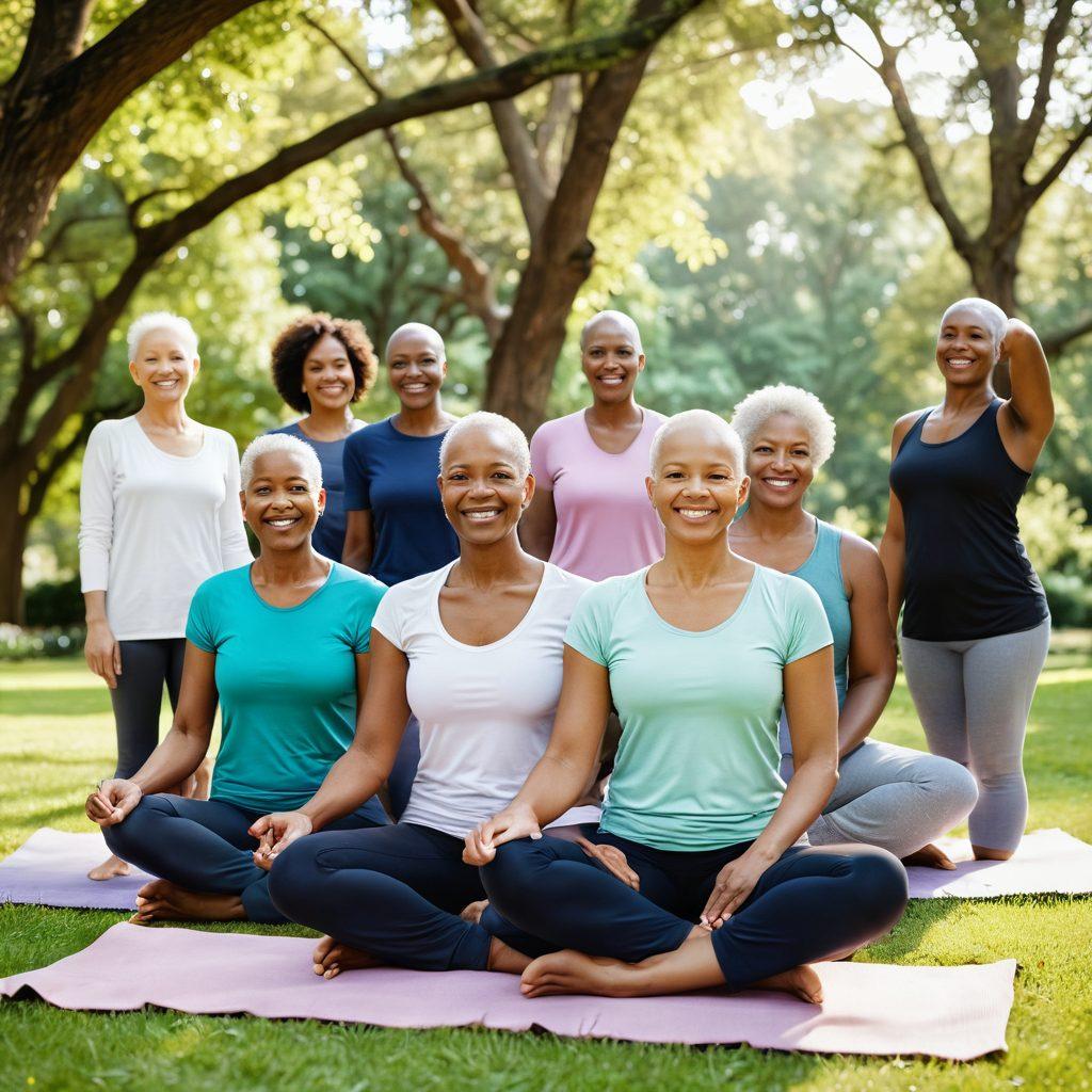 A serene and uplifting scene of a diverse group of cancer survivors, smiling and supporting each other in a lush green park. The image should reflect warmth and hope, with soft sunlight filtering through trees, illustrating a journey of healing and resilience. Incorporate symbols of wellness like yoga mats and healthy food baskets nearby, emphasizing community and recovery. super-realistic. vibrant colors. calming atmosphere.